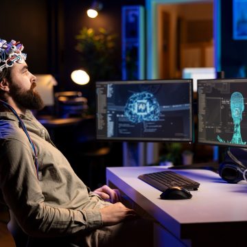 IT specialist using high tech gear to chat with AI robot